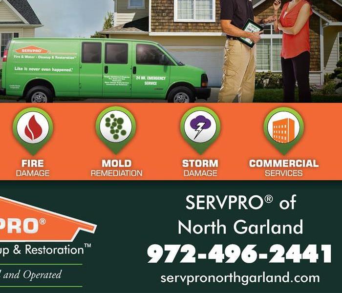 A SERVPRO ad depicting the different services we offer such as fire, water, mold, storm, and commercial clean up services. 