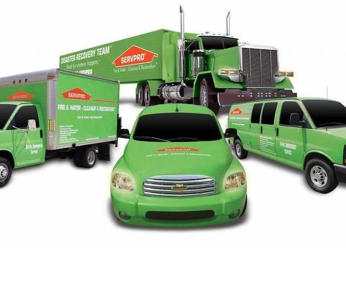 A Servpro ad depicting 4 of the types of vehicles you use in our daily services.