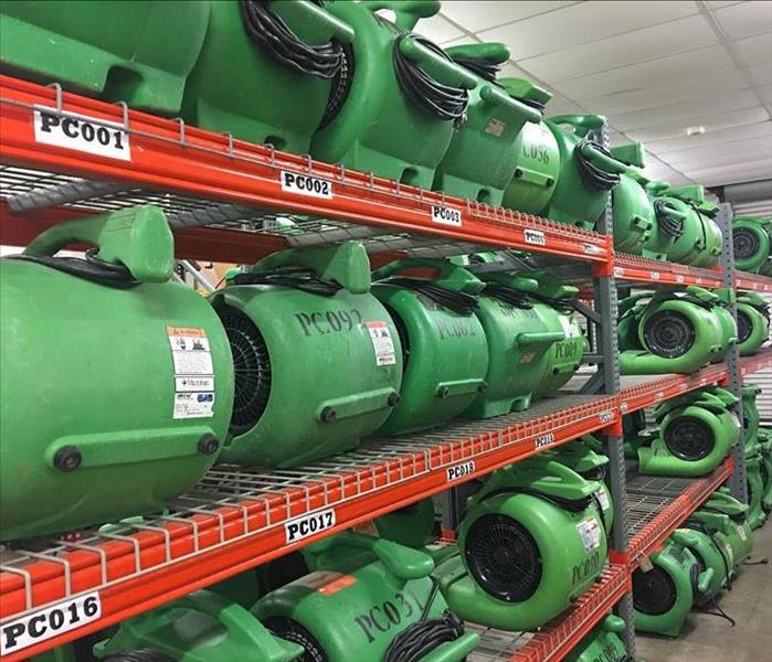 Rows of Air dryers in a SERVPRO storage facility.